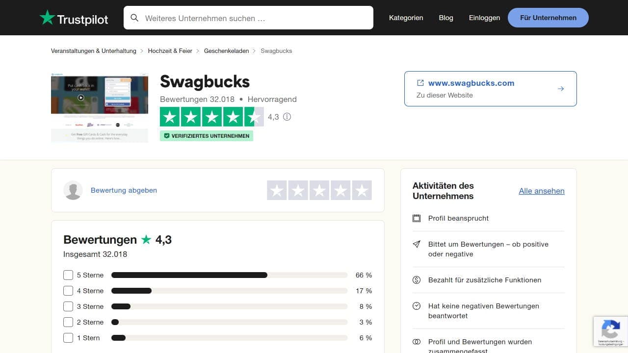 Quelle: Trustpilot (https://de.trustpilot.com/review/www.swagbucks.com)